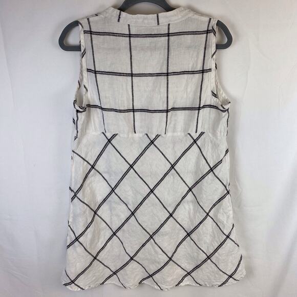 FLAX 100% Linen White Tunic Tank Top Key Hole Button Front Plaid Size Small - Picture 6 of 9